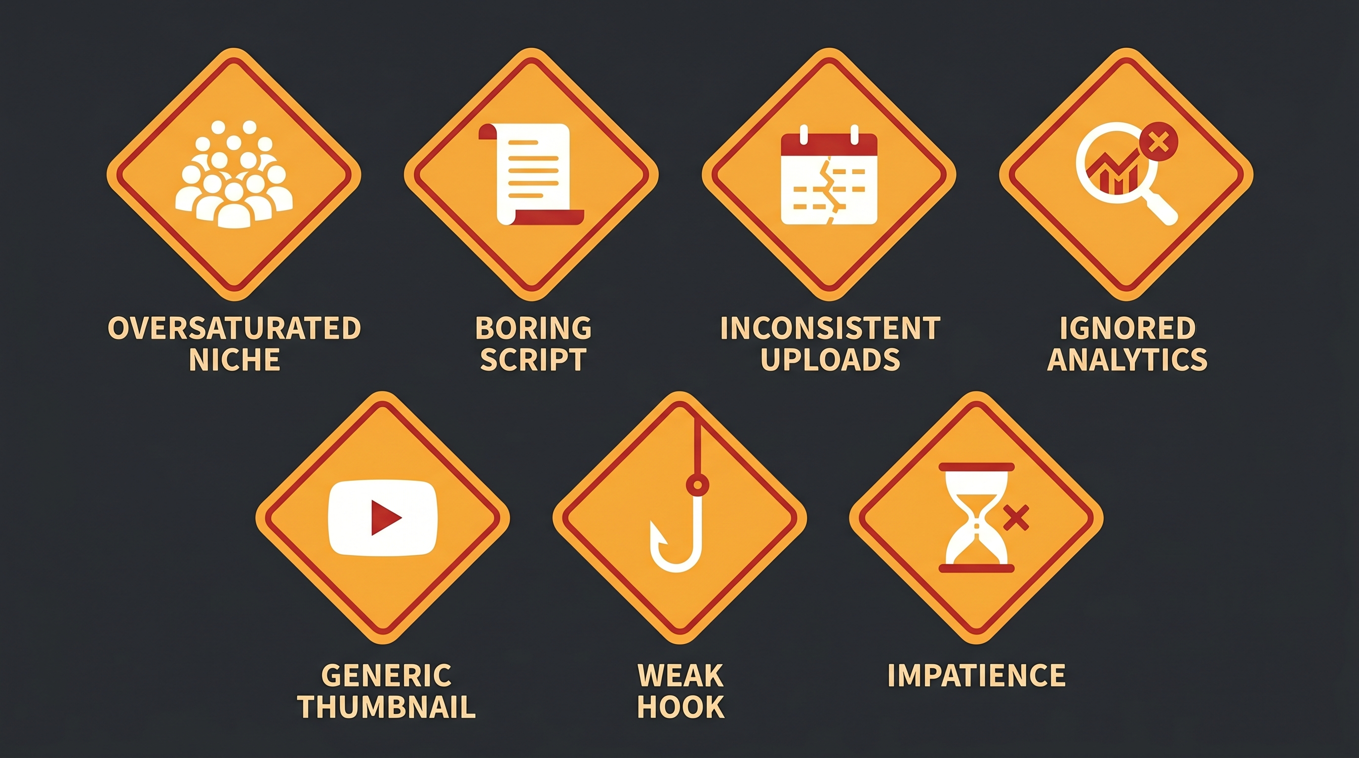 Grid of 7 warning icons representing common mistakes new faceless creators make