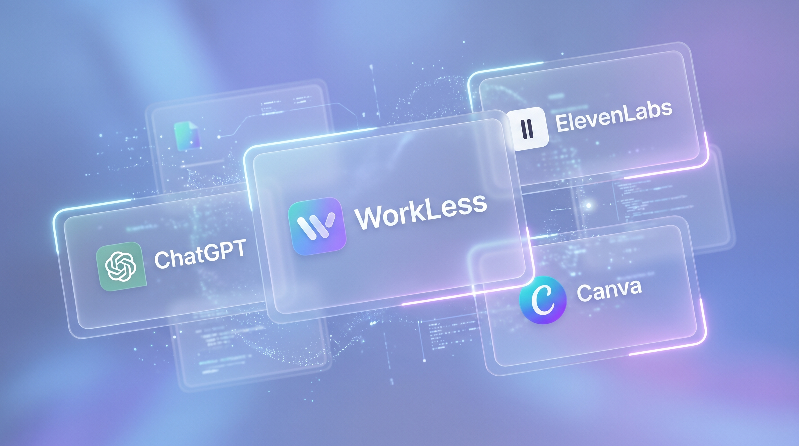 Floating UI panels of AI tools for faceless YouTube: video generator, scripting, voice, thumbnails