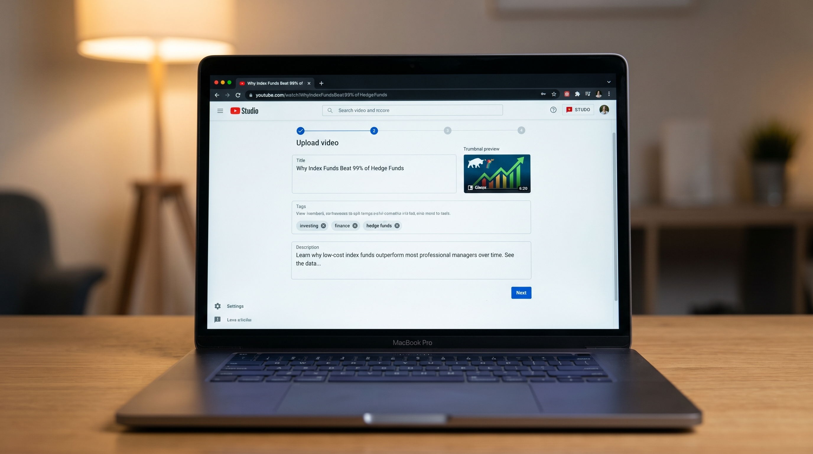 YouTube Studio upload interface showing metadata fields for a finance video